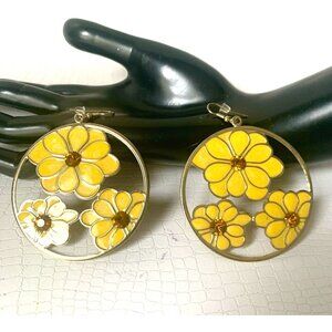 Large Enamel Flower Hoop Pierced Earrings Amber Rhinestones
